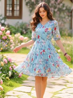 Sera - Women Blue Polyester Floral Flared Knee Length Dress