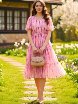 Sera - Women Pink Polyester Tie & Dye Flared Knee Length Dress