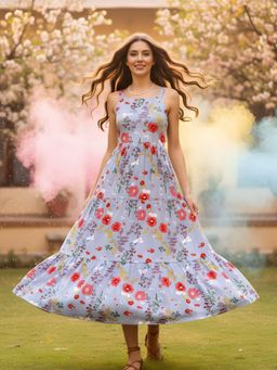 Sera - Women Blue Viscose Rayon Floral Flared Dress