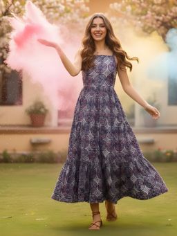 Sera - Women Navy Blue Cotton Abstract Flared Dress