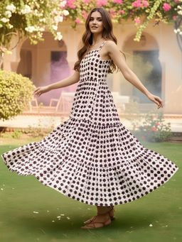 Sera - Women Off White Cotton Geometric Flared Dress