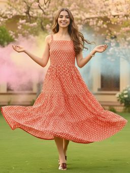 Sera - Women Orange Cotton Floral Flared Dress