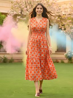 Sera - Women Orange Cotton Abstract Flared Dress
