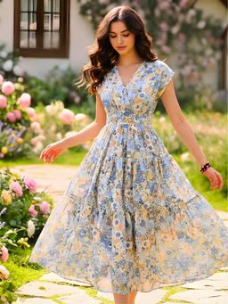 Sera - Women Blue Cotton Floral Flared Dress