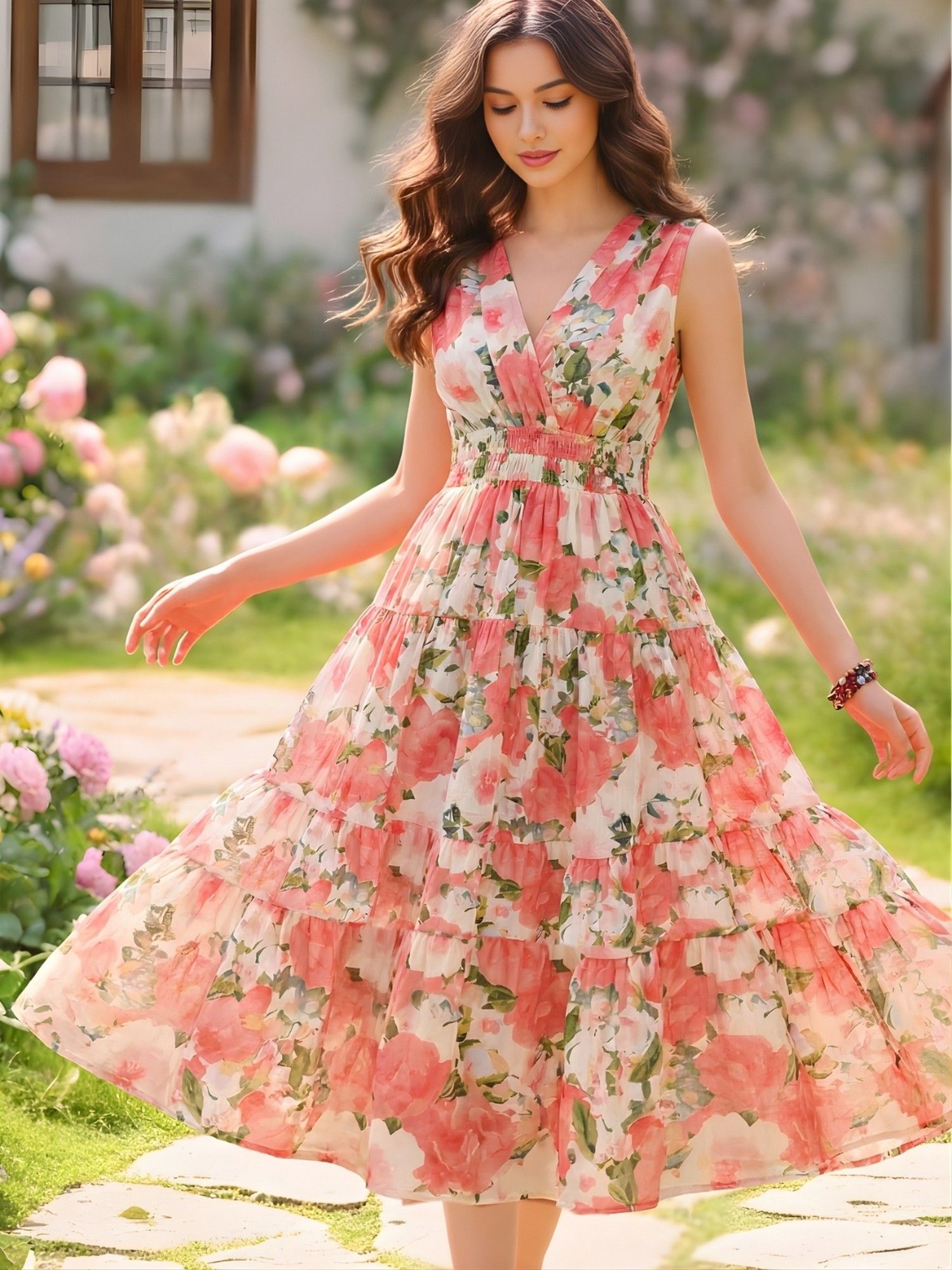 sera Women Pink Cotton Floral Flared Dress-picture-5