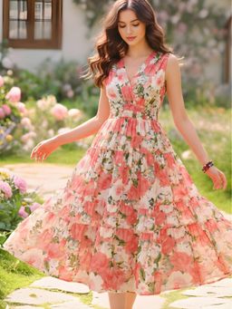Sera - Women Pink Cotton Floral Flared Dress