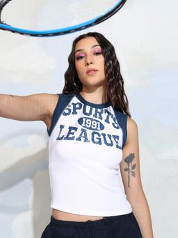 TOKYO TALKIES - White Printed Colourblock Crop Top