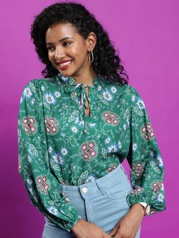 TOKYO TALKIES - Green Floral Printed Mandarin Collar Regular Top