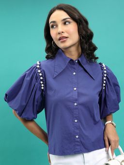 TOKYO TALKIES - Blue Shirt Collar Puff Sleeves Beaded Cotton Shirt Style Top