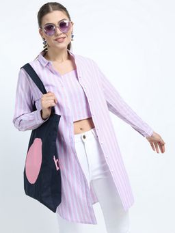 TOKYO TALKIES - Mauve Striped Shirt Style Longline Top With Camisole