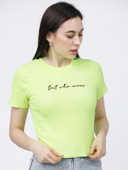TOKYO TALKIES - Green Typography Printed Knitted Top