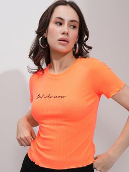 TOKYO TALKIES - Orange Typography Printed Knitted Top