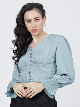 TOKYO TALKIES - Blue Regular V-Neck Crop Top