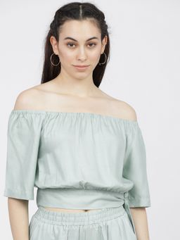 TOKYO TALKIES - Green Off-Shoulder Bardot Crop Top
