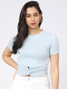 TOKYO TALKIES - Blue Round-Neck Knitted Crop Top