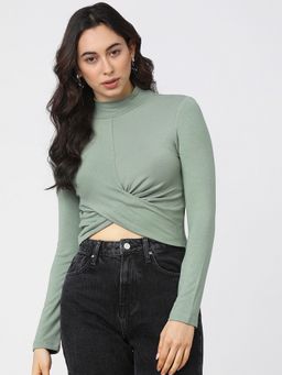 TOKYO TALKIES - Green Solid High Neck Wrap Crop Top