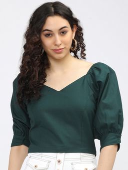 TOKYO TALKIES - Green Puff Sleeves Crop Top