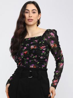 TOKYO TALKIES - Black Floral Print Crop Top