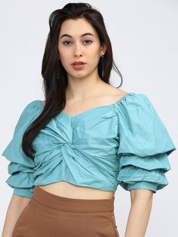 TOKYO TALKIES - Teal Sweetheart Neck Pure Cotton Twist Crop Top