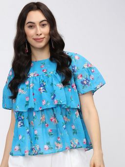 TOKYO TALKIES - Blue Floral Print Layered Top