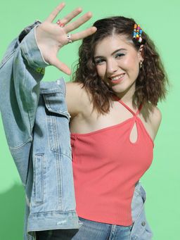 TOKYO TALKIES - Coral Crossed Halter Neck Top