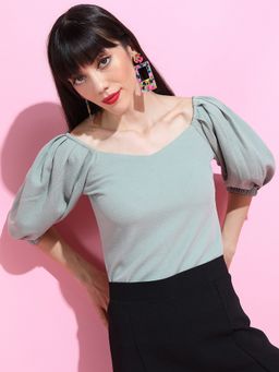 TOKYO TALKIES - Green Sweetheart-Neck Crepe Top