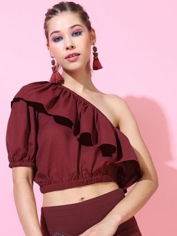 TOKYO TALKIES - Deep Maroon Solid Fitted Crop Top