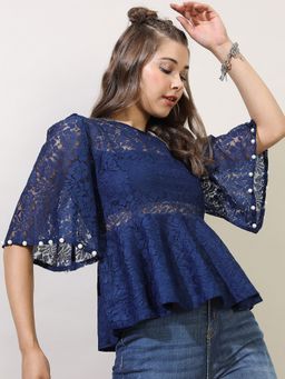 TOKYO TALKIES - Blue Depths Lace Peplum Top