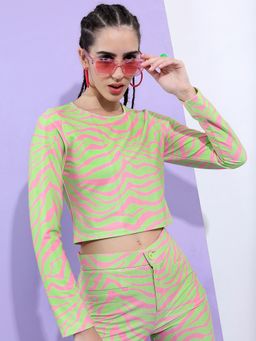 TOKYO TALKIES - Green Printed Jacquard Crop Top