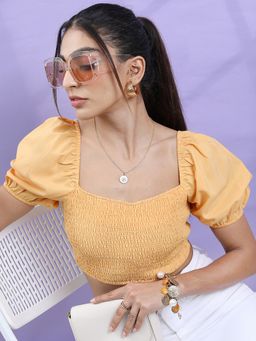 TOKYO TALKIES - Orange Smocked Puff Sleeves Top