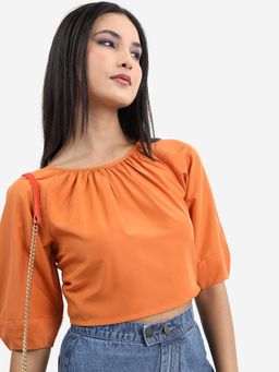 TOKYO TALKIES - Brown Round-Neck Crop Top