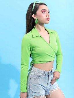 TOKYO TALKIES - Green Shirt Collar Knitted Wrap Crop Top