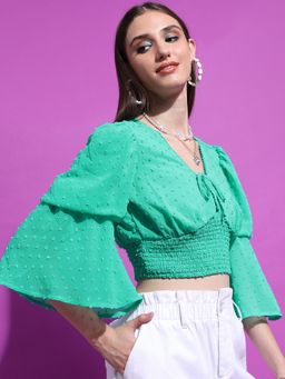 TOKYO TALKIES - Green Self Design Tie-Up Neck Crop Top