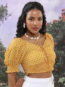 TOKYO TALKIES - Mustard Yellow Scoop Neck Ribbed Styled Back Crop Top