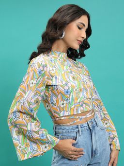 TOKYO TALKIES - Multicolor Floral Print Full Sleeve Waist Tie Up Crop Top