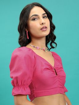 TOKYO TALKIES - Pink Smocked Gathered V-Neck Puff Sleeves Crop Draped Top