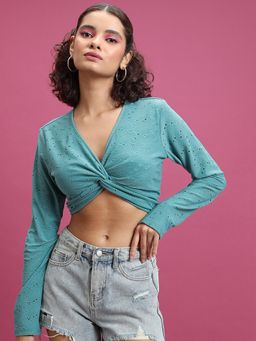 TOKYO TALKIES - Sea Green V-Neck Twisted Crop Top