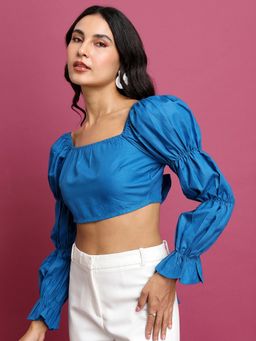 TOKYO TALKIES - Blue Full Sleeve Styled Back Crop Top