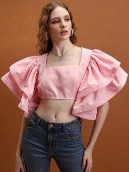 TOKYO TALKIES - Rose Shadow Solid Exaggerated Ruffled Crop Top