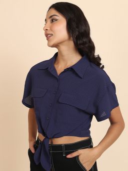 TOKYO TALKIES - Navy Blue Vertical Striped Tie Up Shirt Style Crop Top