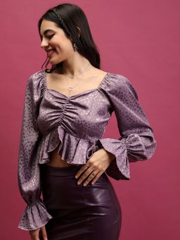 TOKYO TALKIES - Mauve Satin Ruched Ruffled Top