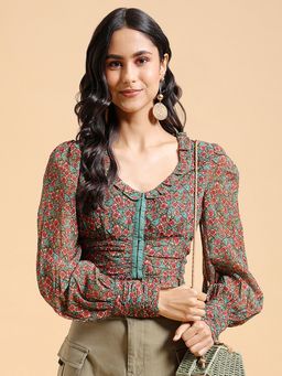 TOKYO TALKIES - Green Floral Printed Puff Sleeves Ruffles Crop Top