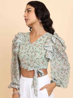 TOKYO TALKIES - Olive Green Floral Printed V-Neck Puff Sleeves Ruffles Wrap Crop Top