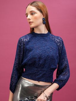 TOKYO TALKIES - Navy Blue Solid Raglan Three Fourth Sleeve Top