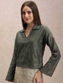 TOKYO TALKIES - Olive Loose Drop Shoulder Crochet Top