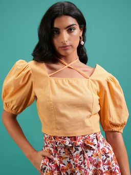 TOKYO TALKIES - Peach Solid Puff Sleeve Top