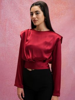 TOKYO TALKIES - Maroon Solid Satin Pleated Tie-Up Crop Top