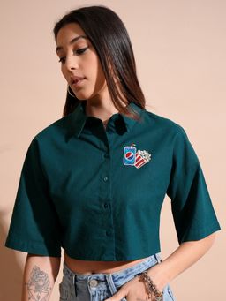 TOKYO TALKIES - Teal Button-Down Cropped Shirt Top