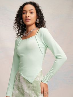 TOKYO TALKIES - Green Ribbed Full Sleeves Crop Top