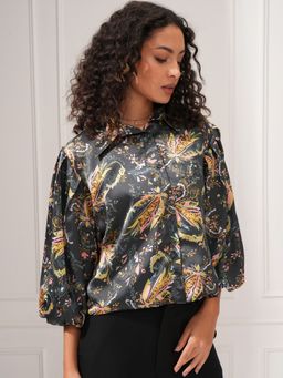 TOKYO TALKIES - Green Satin Printed Button Down Top